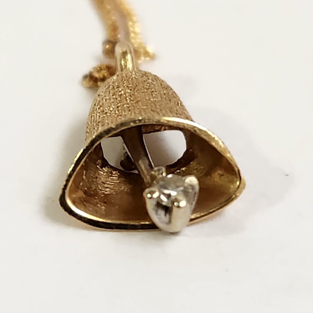 [SOLD] 1980's 14k Textured Gold Moveable Bell w/ Real Diamond Pendant Necklace - Picture 8 of 15
